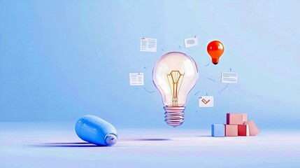 A collection of light bulbs, documents, and building blocks arranged to symbolize innovation, ideas, and the process of creation.