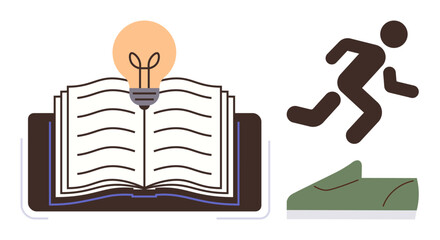 Open book symbolizing knowledge, lightbulb for innovative ideas, runner silhouette and sneaker for action. Ideal for education, creativity, innovation, learning, growth fitness motivation. Simple