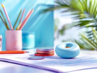 A desk setup with colored pencils in a pink holder, coins, a blue donut-shaped object, and an orange pencil on a document.