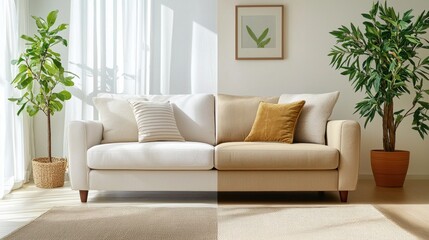 Fototapeta premium Cozy Living Room with Stylish Sofa and Lush Indoor Plants