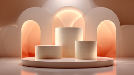 Warm lighted arched display with three grid pattern pedestals