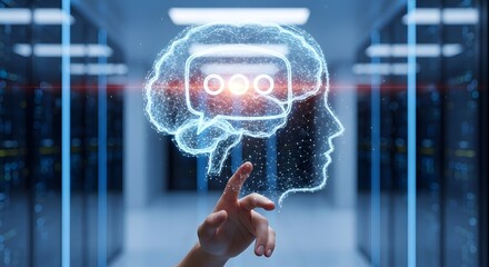 Hand interacting with a futuristic brain-computer interface in a data center with a blue and neon color scheme.