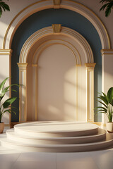 Fototapeta premium Empty Archway Stage with Tiered Platform and Plants