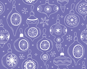 Christmas seamless pattern, white doodle outline illustrations of vintage Christmas toys on blue background. Design for festive wrapping paper, textile, print.