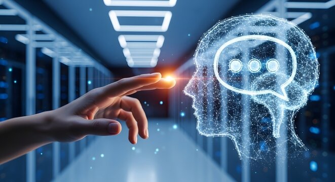 Human hand interacting with a digital brain interface in a futuristic server room with blue tones. - Powered by Adobe