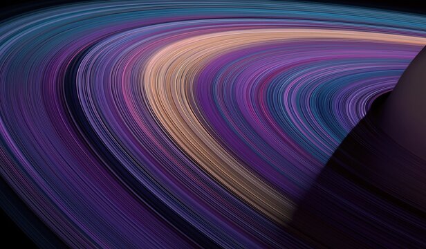A dark purple background with a series of curved lines in various shades of blue pink and orange creating an abstract design resembling the rings around Saturn - Powered by Adobe