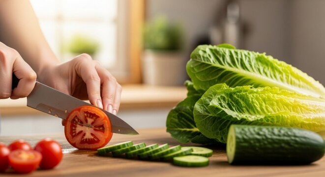 Person slicing tomato on cutting board with lettuce and cucumber in background.
