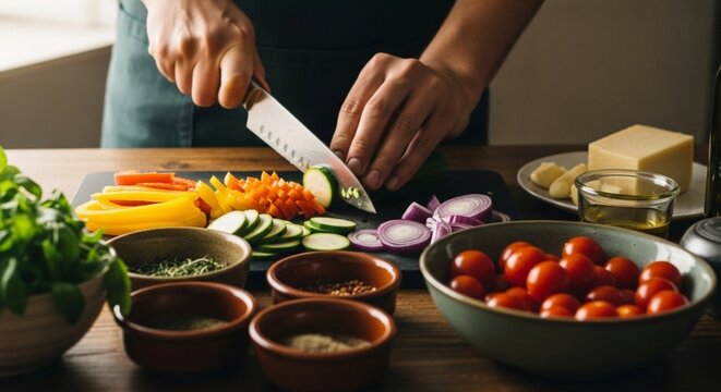Person preparing a colorful salad with fresh vegetables on a wooden table. - Powered by Adobe