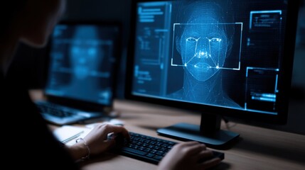 Person using computer facial recognition technology analyzing digital face scan on screen