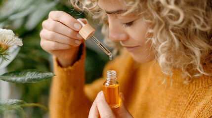 Fototapeta premium A woman squeezes a dropper of essential oil, letting a golden liquid fall from a small amber bottle, focusing intently on the scent or application.