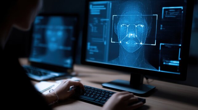Person using computer facial recognition technology analyzing digital face scan on screen