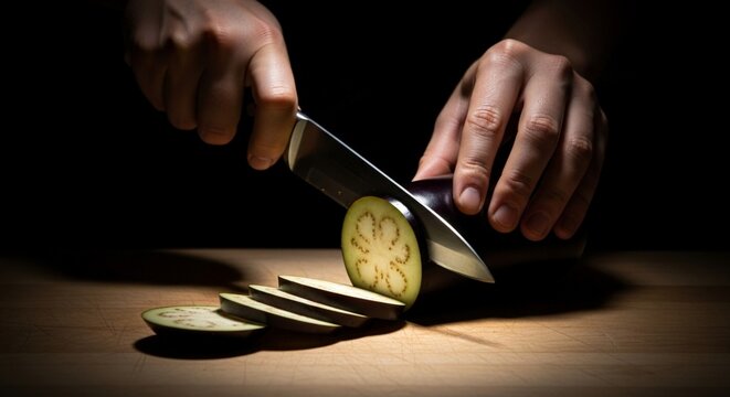 Slicing an eggplant with a knife on a wooden cutting board.