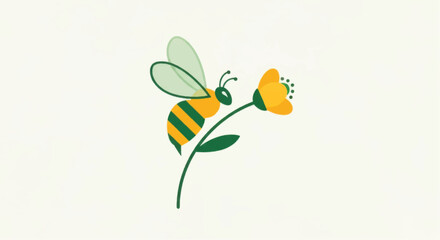 Cute cartoon bee pollinating a vibrant yellow flower illustration.