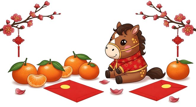 Festive Chinese New Year Celebration with Horse, Oranges, and Red Envelopes.
