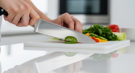 Hands cutting vegetables on a white cutting board with a knife.