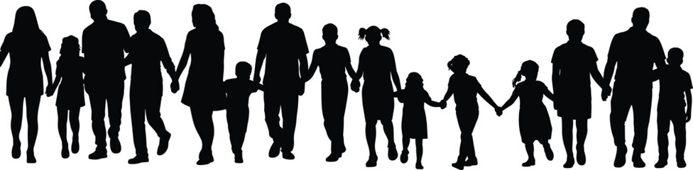 Large group of people silhouettes holding hands in unity, diverse family and children walking together in teamwork concept