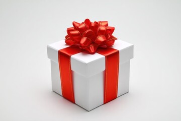 Fototapeta premium A simple white gift box with a bright red ribbon and bow isolated on a clean white background