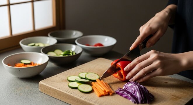 Person preparing fresh vegetables on a wooden cutting board with bowls of ingredients nearby. - Powered by Adobe