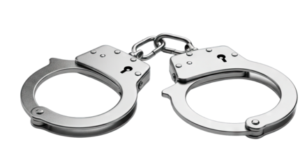 Silver Metal Handcuffs With Detailed Texture And Locking Mechanism Isolated On A Transparent Background Symbolizing Arrest Restriction And Justice