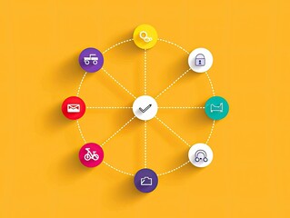 A circular infographic with various icons like a truck, envelope, bicycle, and lock, all connected by dotted lines to a central checkmark.