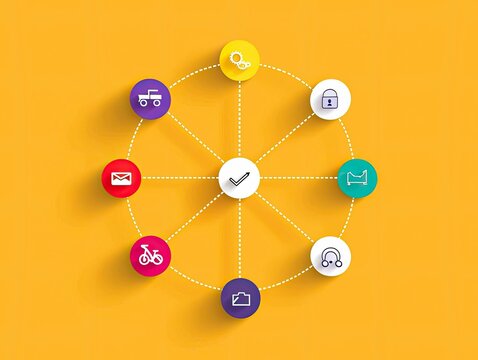 A circular infographic with various icons like a truck, envelope, bicycle, and lock, all connected by dotted lines to a central checkmark.