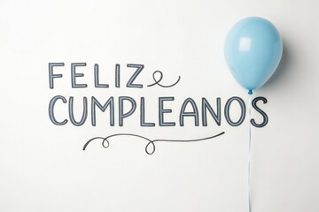 Joyful blue balloon floats above festive "Happy Birthday" greeting on white background