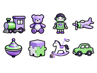 Collection of toy icons including train bear robot airplane top puzzle horse car