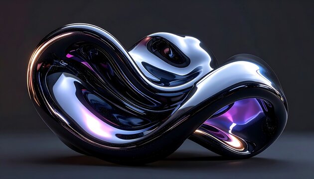 Glossy, abstract, fluid form of a metallic sculpture with curving surfaces reflecting ambient light. The shape is organic and modern