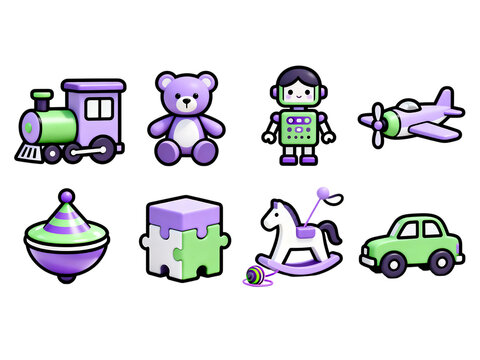 Collection of toy icons including train bear robot airplane top puzzle horse car