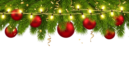 Realistic Christmas border frame with fir branches, red ornaments, and string lights on a transparent background, seamless design.