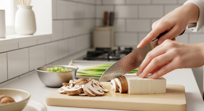 Person slicing tofu and mushrooms on a wooden cutting board in a kitchen. - Powered by Adobe