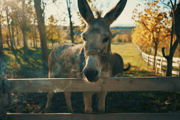 Donkey by the wooden fence