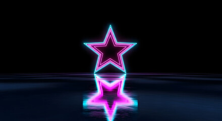 Vibrant neon star glows with electric pink and cyan light, reflecting on a sleek, dark surface for a modern, futuristic vibe.