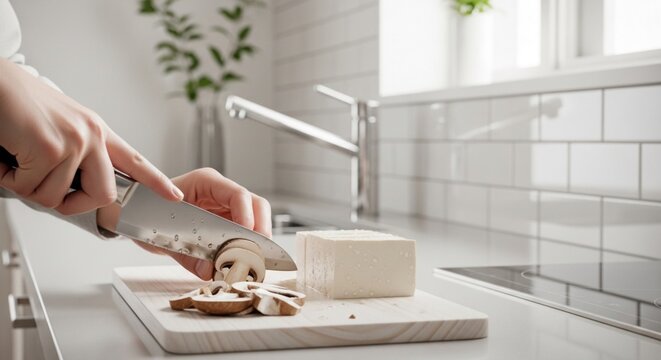 Person slicing mushrooms on a cutting board in a bright kitchen with white subway tile. - Powered by Adobe