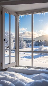 Open window framing a winter landscape with snow-covered trees, mountains, and icicles, illuminated by bright sunlight