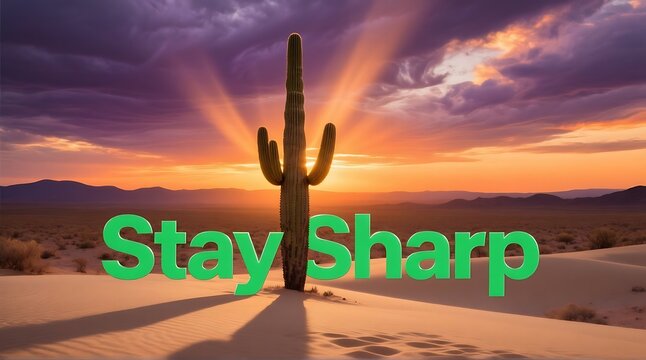 Vibrant desert sunset with saguaro cactus and the inspiring message Stay Sharp