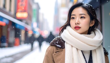 Fototapeta premium Portrait of a young woman on snowy city street