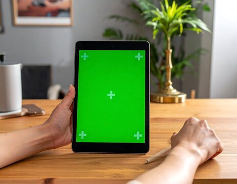 Person holds a tablet with a green screen on a wooden table - Powered by Adobe
