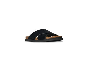 Man's Black leather slide sandal with a cross strap design, cork footbed, and a black rubber sole, comfortable slip-on style. Ideal for casual wear.