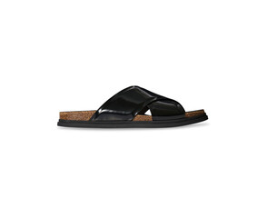 Man's Black leather slide sandal with a cross strap design, cork footbed, and a black rubber sole, comfortable slip-on style. Ideal for casual wear.