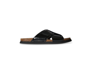 Man's Black leather slide sandal with a cross strap design, cork footbed, and a black rubber sole, comfortable slip-on style. Ideal for casual wear.