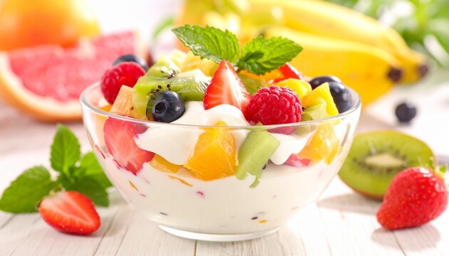 A vibrant bowl of yogurt crowned with fresh fruits—kiwi, mango, berries—an edible mosaic of morning vitality, sweetness, and the quiet ritual of nourishing the body and spirit.