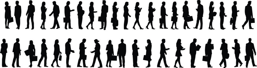 Silhouette business people walking and talking, corporate professionals communication scene, vector office workers group illustration, black figures design