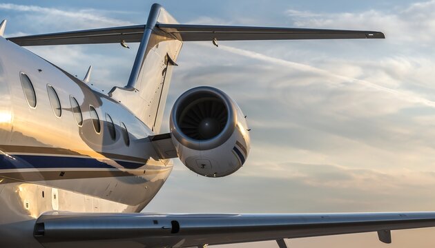Golden sunlight private jet engine gleams as luxury business travel takes flight against a beautiful sky, showcasing modern aviation and exclusive journeys. - Powered by Adobe