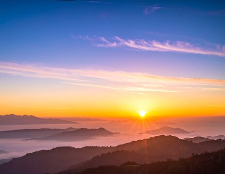 Scenic morning vista overlooking mountain range during sunrise