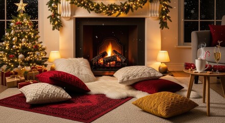 Cozy Christmas Scene with Fireplace, Tree, and Festive Decorations.