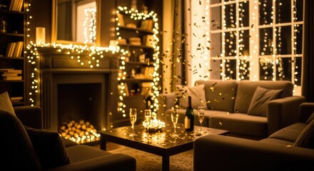 Cozy living room with fireplace and festive lights for celebration.