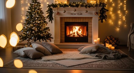 Cozy Christmas scene with fireplace, tree, and pillows.