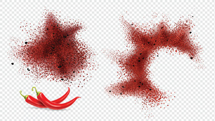 Bright red chili pepper powder splash for spice, cooking, Paprika pepper explosion sweet spicy food isolated on transparent background organic texture top view - ingredient for beverages or recipes