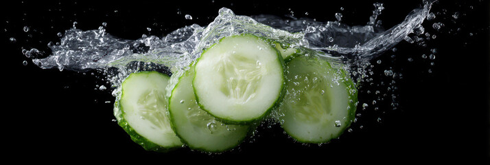 Cucumber splash water fresh green slices energize with crisp splash on black background